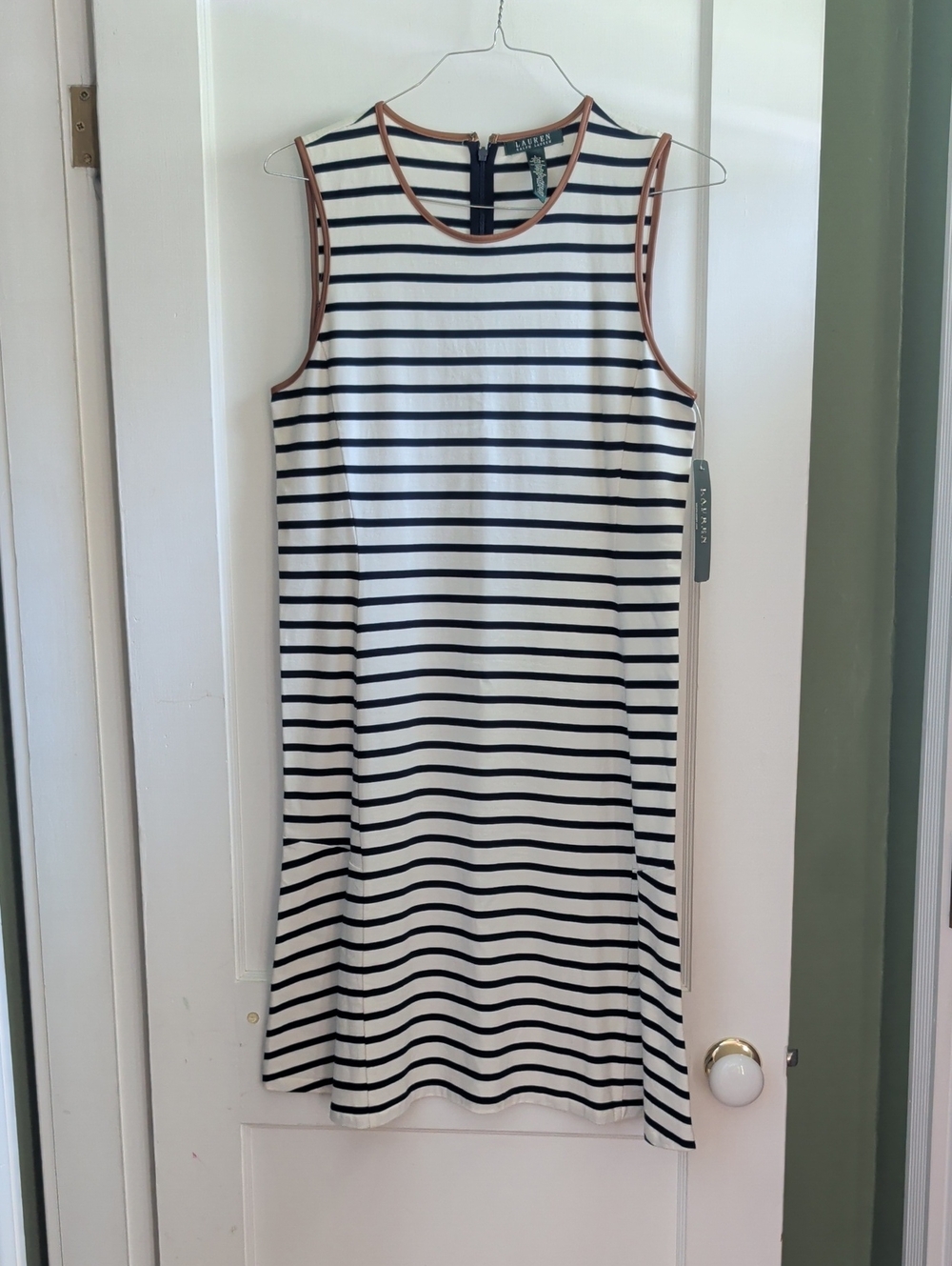 NWT Lauren Navy and White Striped Sleeveless Shift Dress w/ Tan Trim Size 16